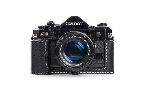 A-1 Case, BolinUS Handmade Genuine Real Leather Half Camera Case Bag Cover for Canon New AE-1 AE-1P A-1 (with Handle) Camera with Hand Strap (Black)