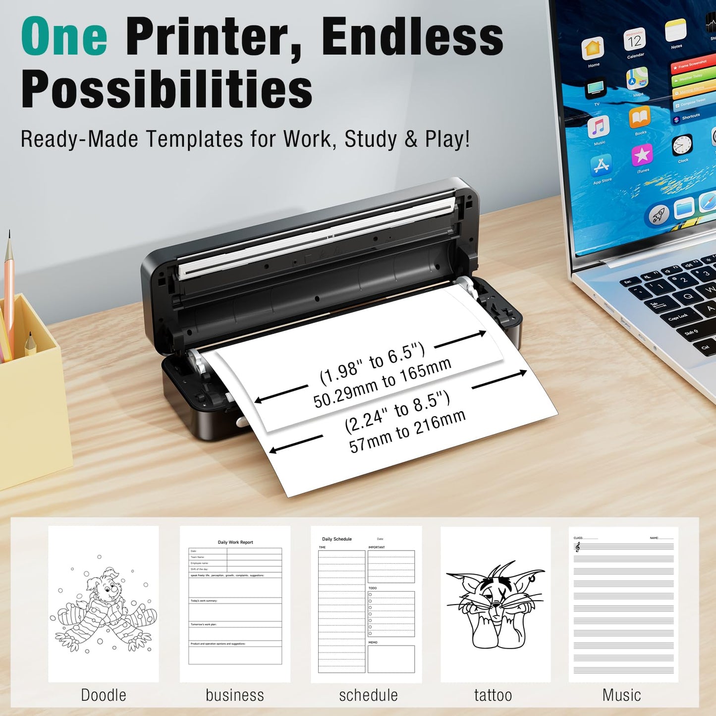 PEDOOLO Portable Printer Wireless for Travel - Inkless Thermal Printer, Supports 8.5x11 Inch Thermal Paper, Bluetooth Compatible