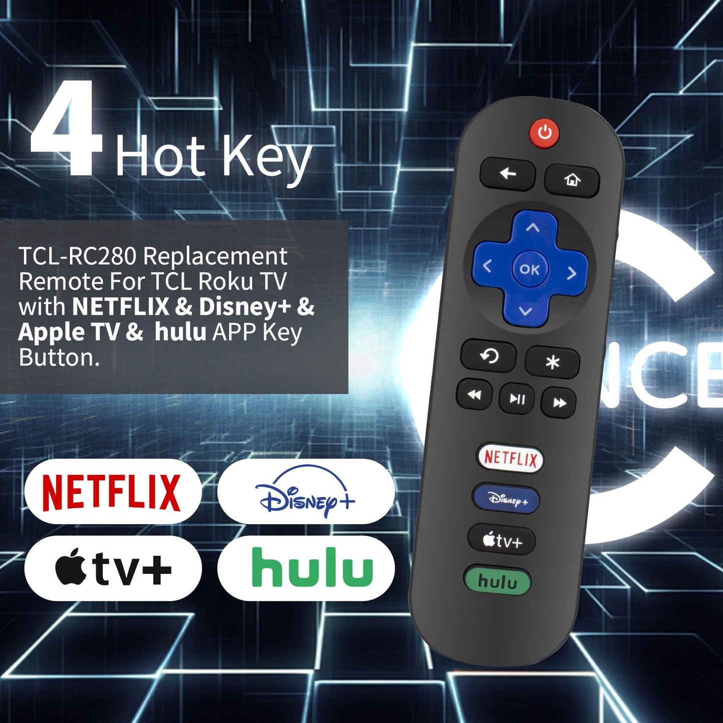 RC280 Remote Control for TCL TV Remote Replacement, No Programming Needed, Easy Install. Replacement Remote for TCL TV Models 55S21 65S451 43S451