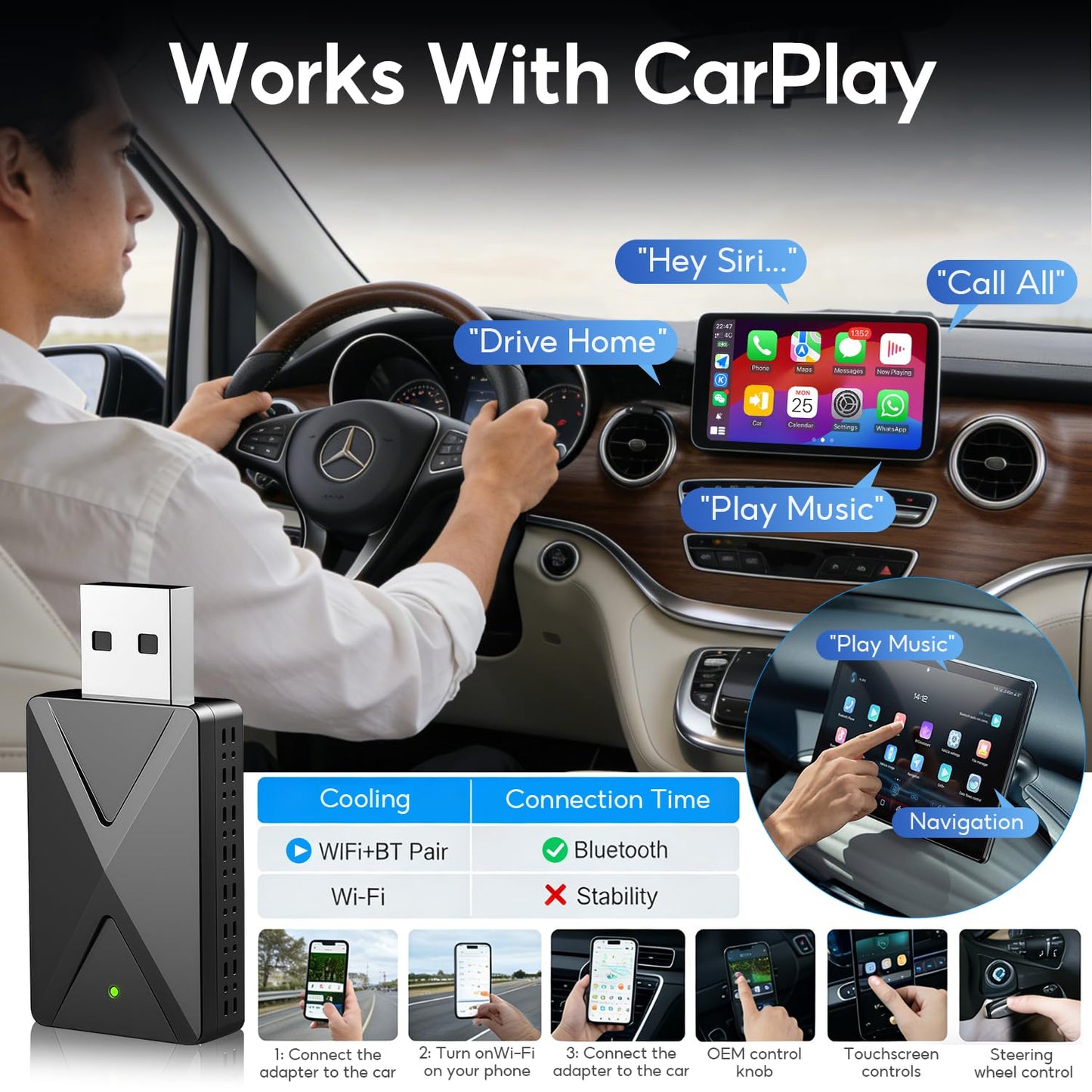 AKHQVC Wireless CarPlay Adapter Convert Factory Wired CarPlay to Wireless, Zero Latency, Mini Plug & Play Design with Stable Connection USB-A/Type-C