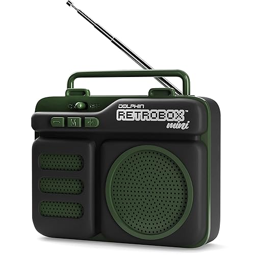 Retrobox Mini by Dolphin, Portable Bluetooth Speaker for Worksite with MP3, FM Radio, AUX | Durable & Long Lasting Battery (Military Green)