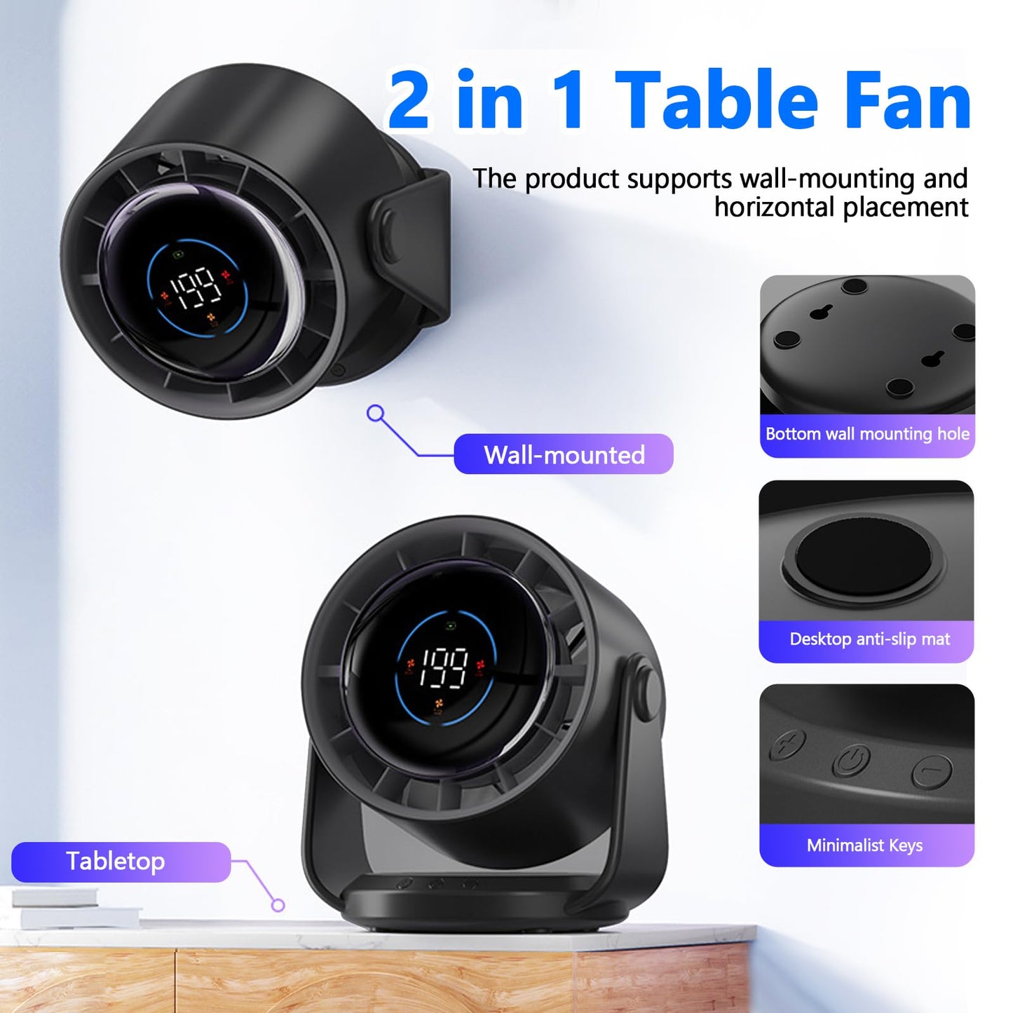 YoouDamy 199-Speed Rechargeable Desk Fan with Digital Display & 360° Airflow - 4000mAh USB Wall-Mounted Fan, Ultra-Quiet 30dB, AI Temperature Control
