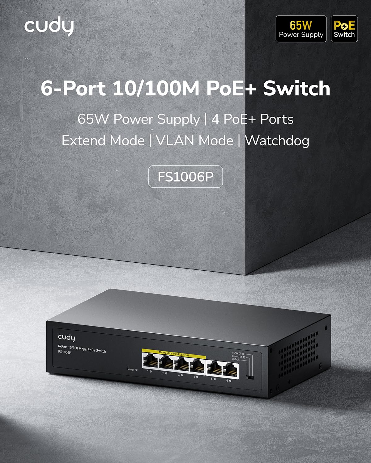 Cudy FS1006P 6-Port 10/100M PoE Switch 60W, 4 PoE Ports, CCTV Mode (Transmit Distance to 250m at 10Mbps), PD Detection,Fan-Less, Steel Case, Desktop