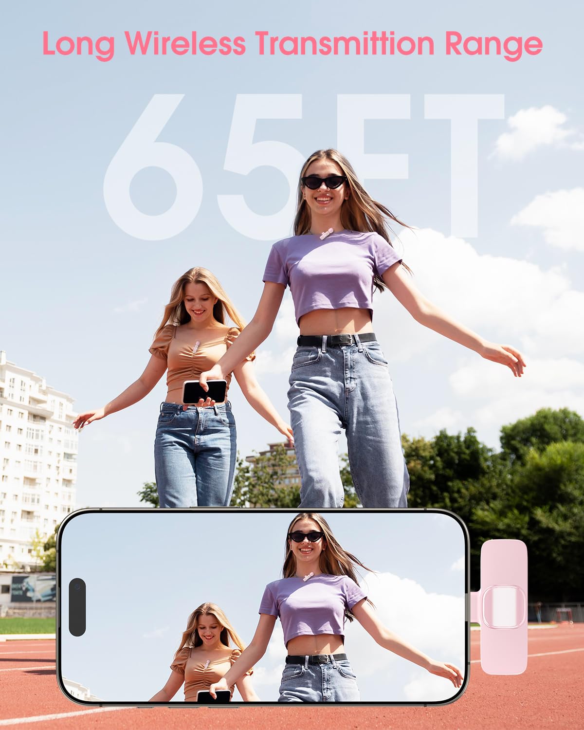 Mini Wireless Lavalier Microphone for iPhone 16/15/14/Android, Lapel Mic with Noise Reduction, 12H, 65ft, Pink Tiny Microphone Content Creator