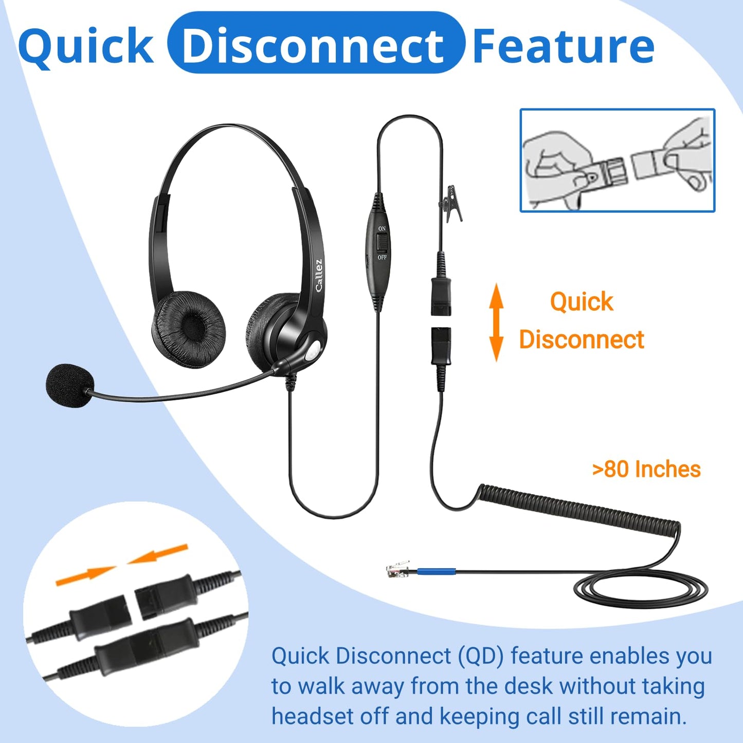 Callez RJ9 Phone Headset with Mic Noise Cancelling, Office Telephone Headset with Quick Disconnect Cord Compatible with Cisco IP Phones 7940 7941 7942