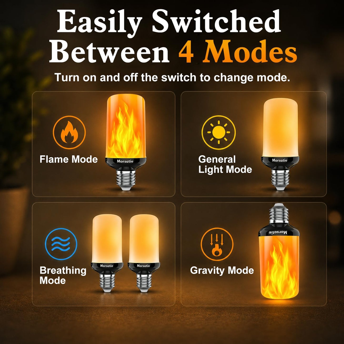 Morsatie E26 Dusk to Dawn Flame Light Bulbs Real Flickering Effect, 4 Modes