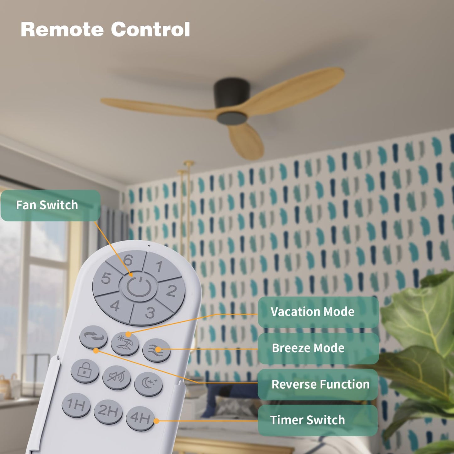 OUATER 52 Inch Natural Wood Ceiling Fan No Lights, Flush Mount