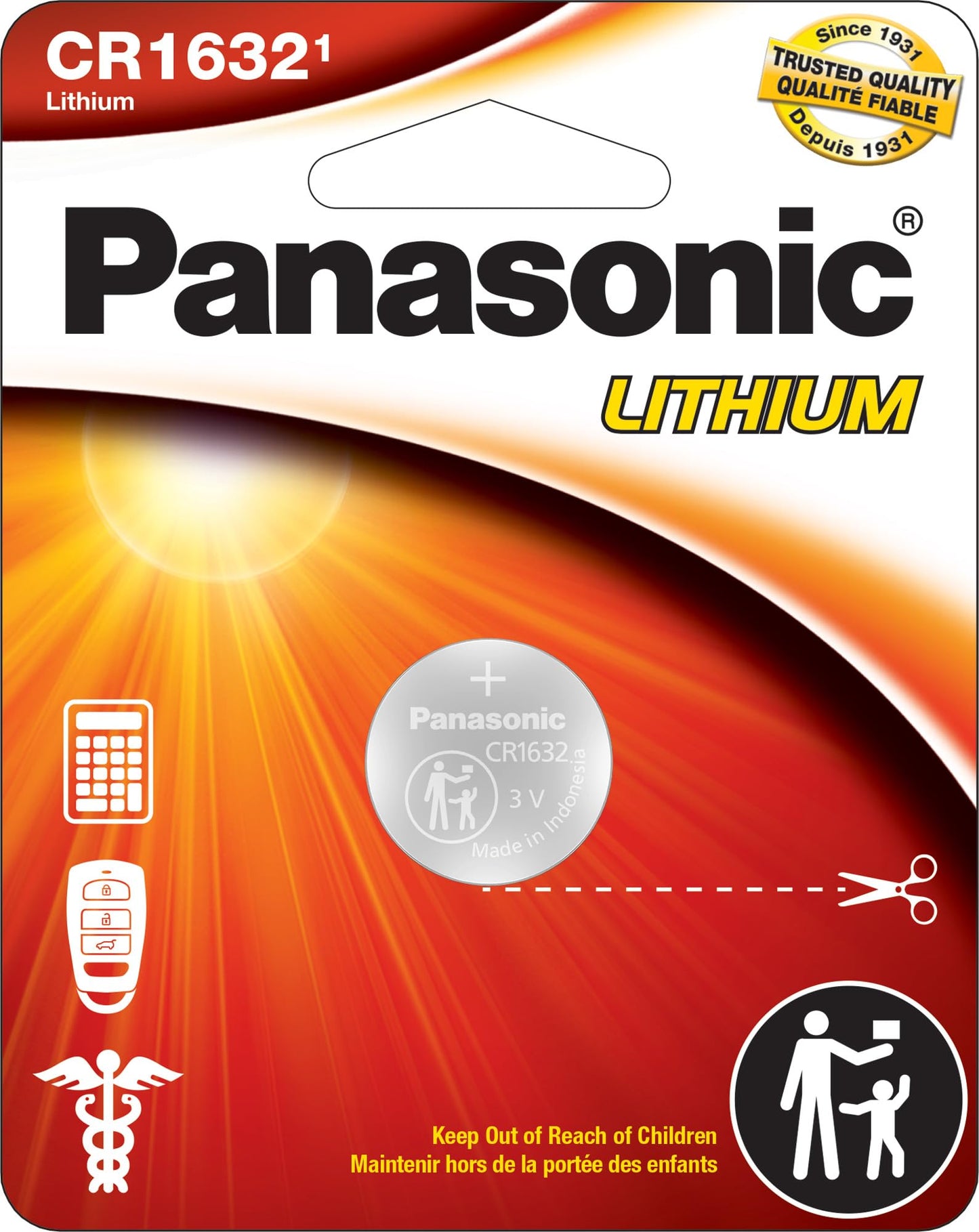 Panasonic CR1632 3.0 Volt Long Lasting Lithium Coin Cell Batteries in Child Resistant, Standards Based Packaging, 1-Battery Pack