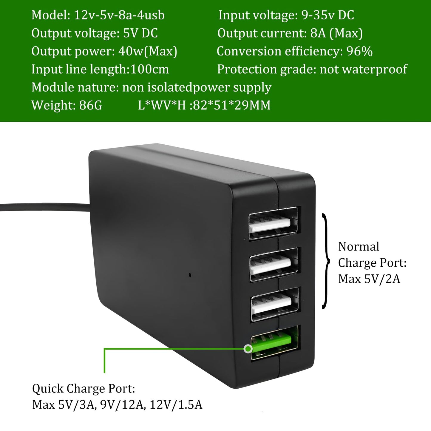 DC Converter with Battery Clip 12V 24V to 5V 8A 4-Port USB Power Adapter Charger, Automatically Identify 4 Ports Shunt Charging for iPhone iPad…