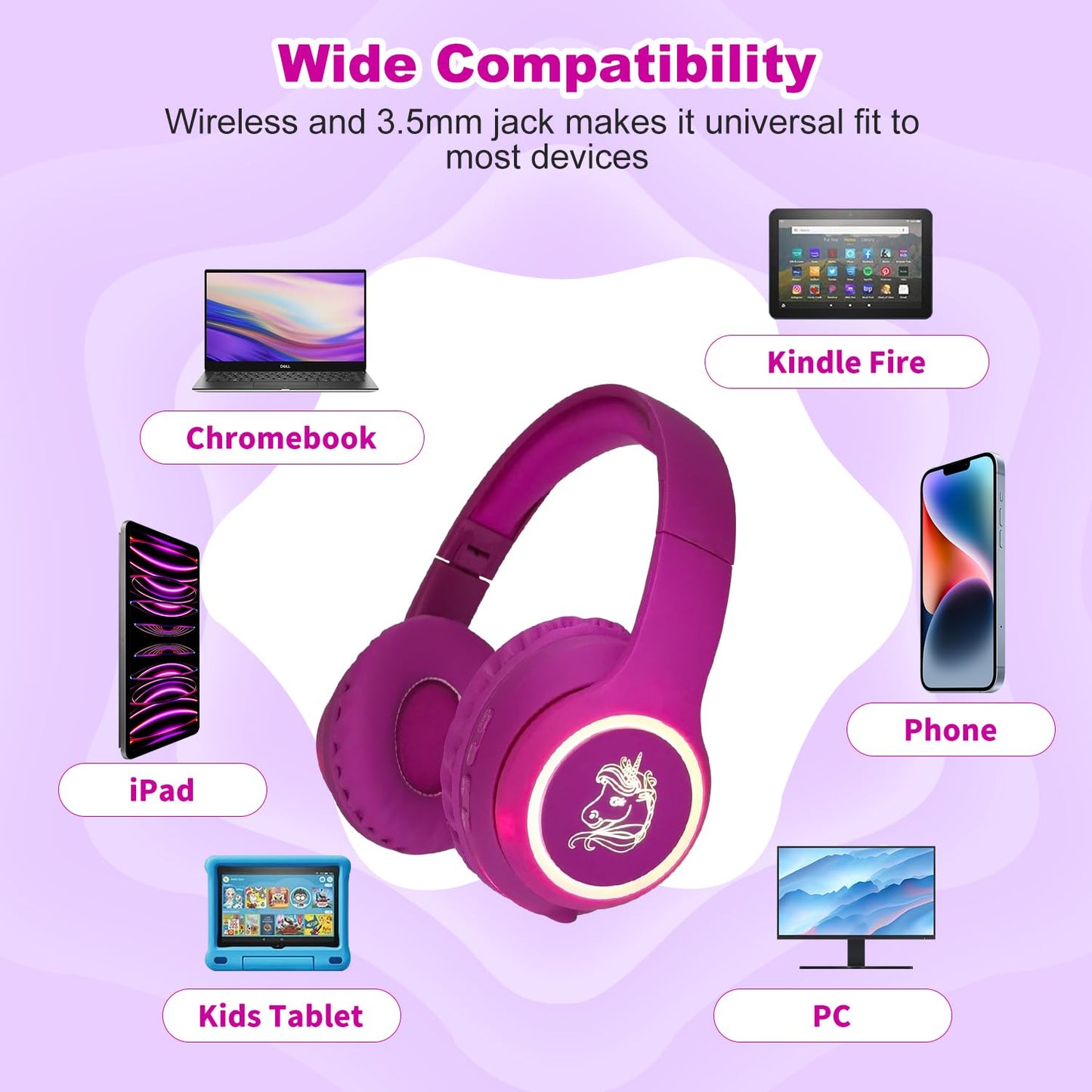 YUSONIC Unicorn Kids Headphones, Unicorn Bluetooth Headphones Foldable for Girls Boys Toddlers Tablet School Travel,Light Up Kids Wireless Headphone…