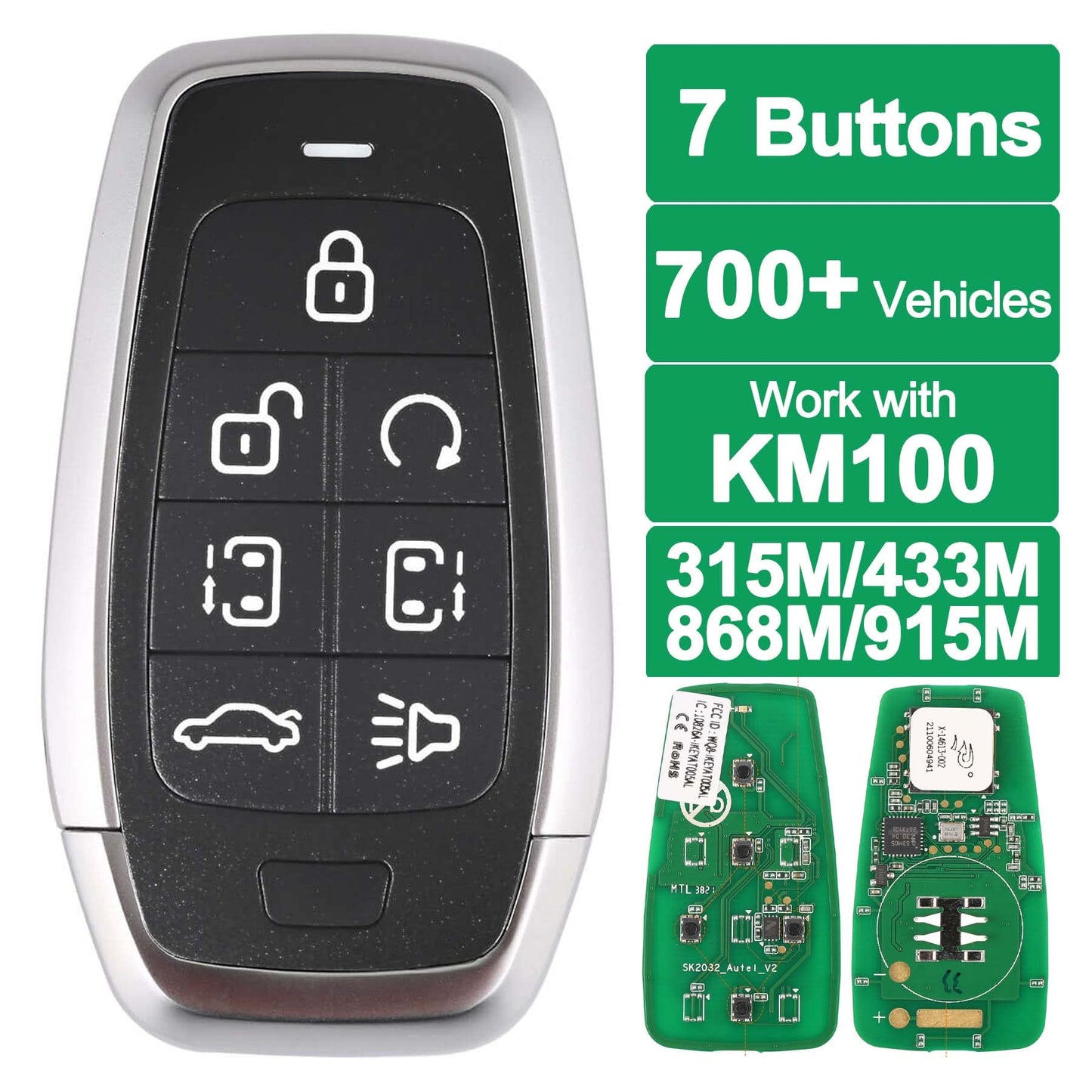 Autel Universal 7-Button Smart Key, Key Fob Replacement for 700+ Vehicles, 130FT Remote, KM100 Compatible, OE Quality