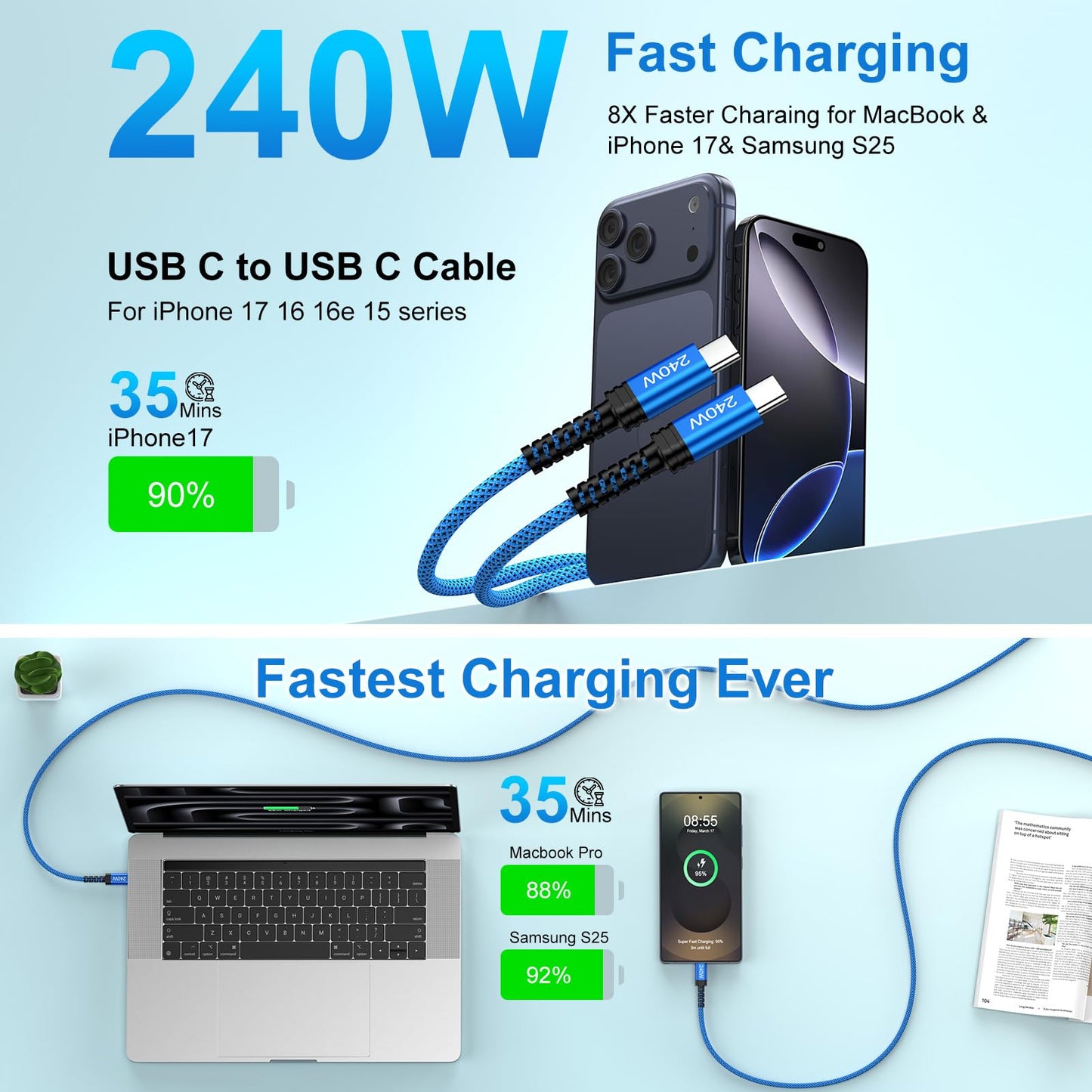 240W Samsung Charger Cable Super Fast USBC Charging Cord, 6FT 2Pack USB C to USB C Cable Android Phone Charger Cord for Samsung Galaxy A17 A16 A36 S25