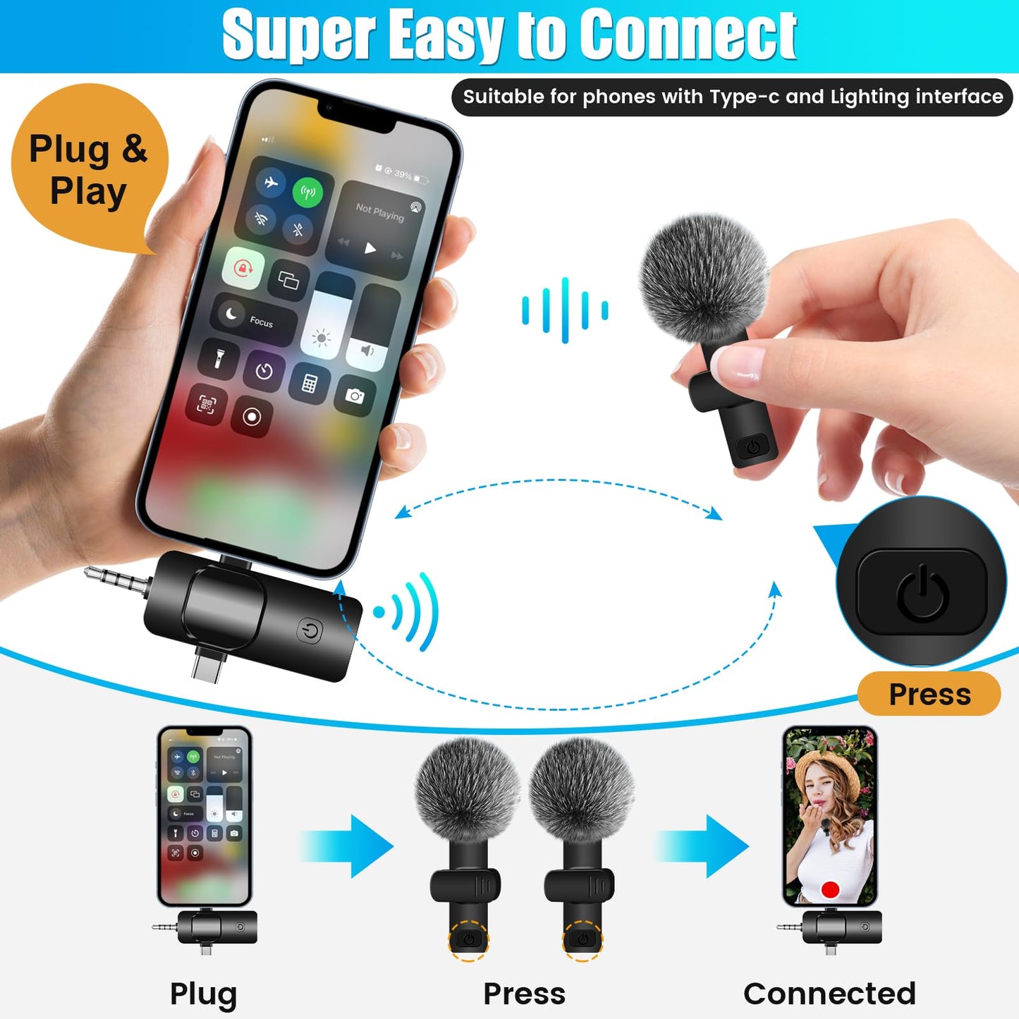 4 in 1 Wireless Lavalier Microphone for iPhone/USB C Android/Camera/Laptop PC,Mini Microphone 2.4G Ultra-Low Delay with Noise Reduction Cordless Lapel
