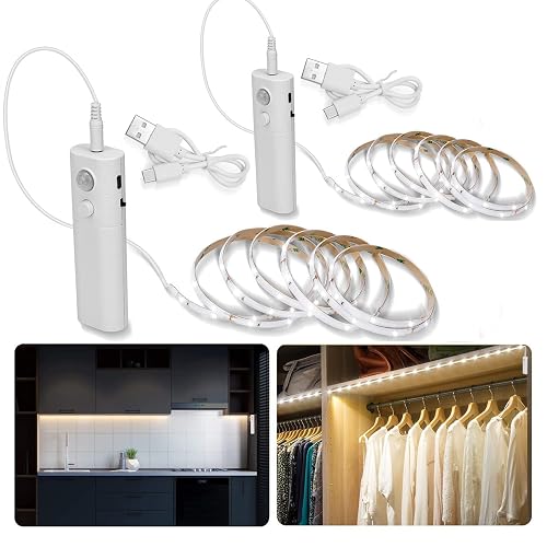 2 Pack Rechargeable LED Strip Lights with Motion Sensor - LUXJET 2M Cool White LED Closet Light Motion Activated, Under Cabinet Strip Light