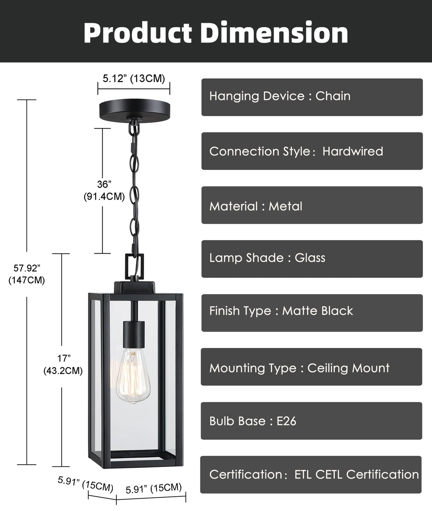 Faymart lighting 17 Inch Outdoor Pendant Light for Porch,Metal and Glass Outside Hanging Light Ceiling Mount Exterior Hanging Lantern for Patio