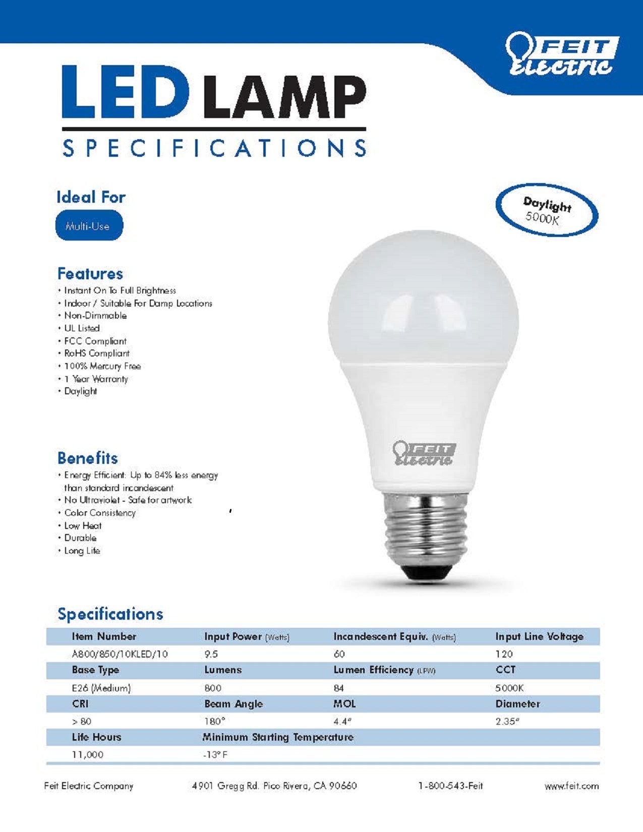 FEIT 100w LED Replacement Bulbs using 15W Daylight 5000K 1600 Lumens (10 Lamps)