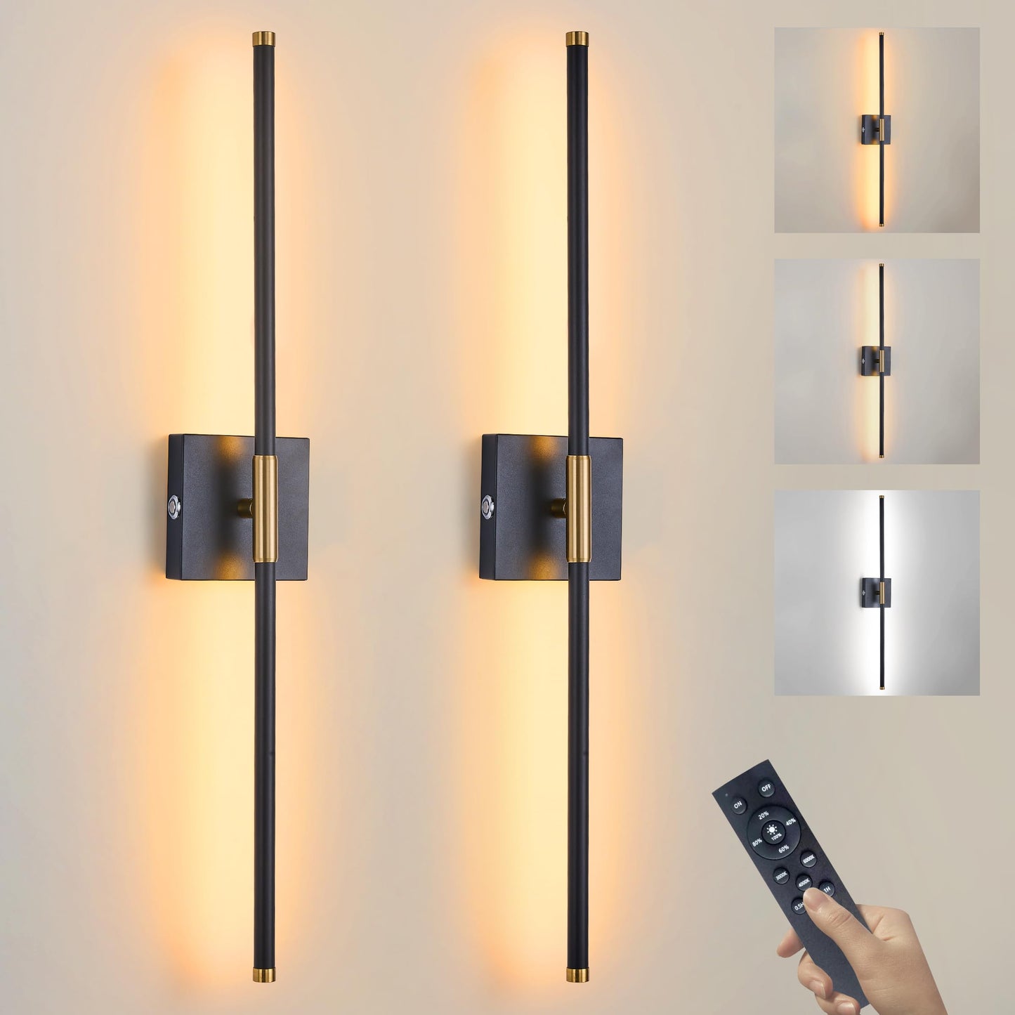 15800 mAh Battery Operated Wall Sconces with Remote Control Dimmable Wall Sconces Set of Two 3000K LED Black and Brass Wireless Wall Light Battery