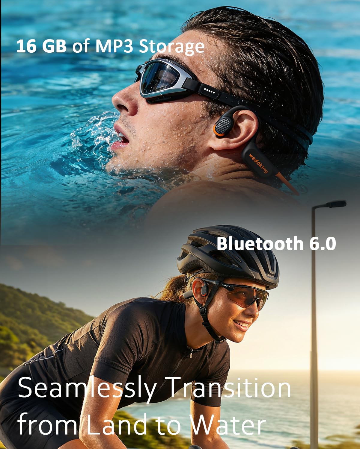 wedoking Bone Conduction Swimming Headphones Bluetooth 6.0, 16GB MP3 Player Waterproof Headphones for Surfing, IPX8 Open Ear Sport Wireless Earphones