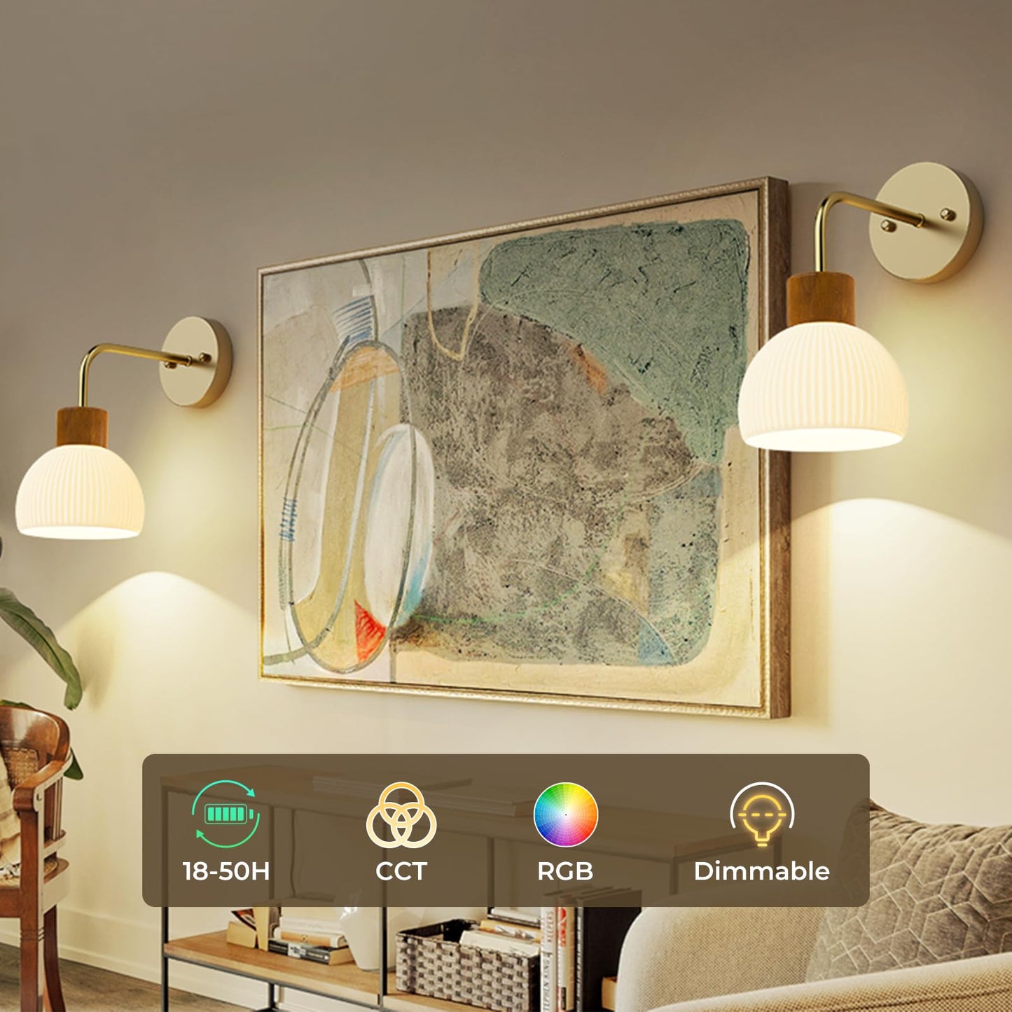 PRTILOUD Glass Battery Operated Wall Sconces Set of 2, Rechargeable Wall Lamp with Remote, 12 Colors Dimmable Wireless Sconces Wall Decor Set of 2