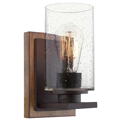 Kira Home Sedona 9" Rustic Farmhouse Wall Sconce with Clear Seeded Glass Shade, Hand-Painted Wood Grain Metal, Walnut Wood and Oil Rubbed Bronze