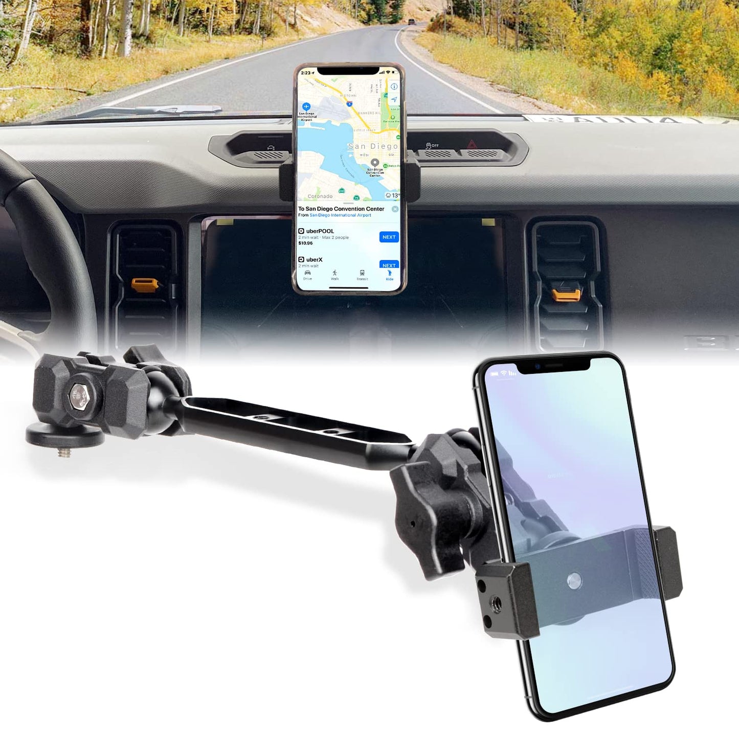 OMU Bronco Phone Mount Compatible with Ford Bronco 2021 2022 2023 2/4 Door,Dual Ball Socket All-Metal Cell Phone Holder,360°Adjustable Dash Mount