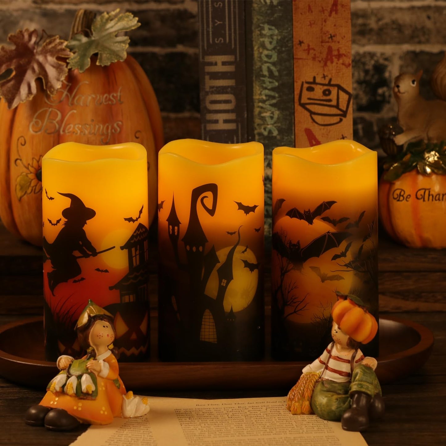 OWLZOO Set of 3 Halloween Flameless Pillar Candles, Battery Operated LED Candles with Timers & Remote, Orange Wax Warm Light Flickering Witch Bats