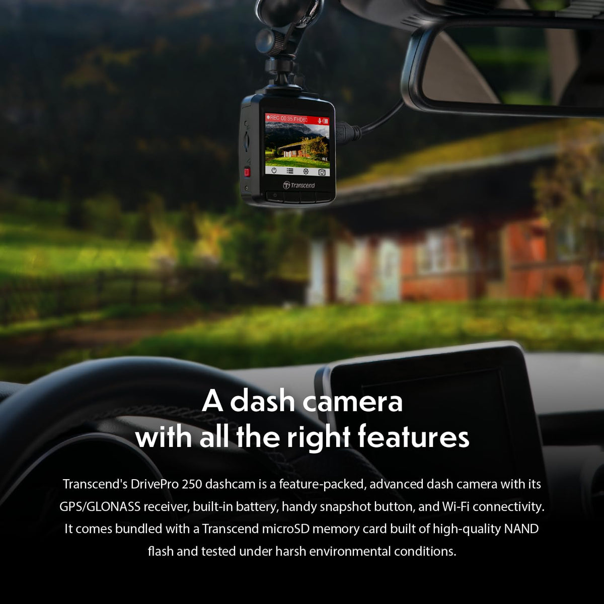 Transcend DrivePro 250 64GB Dashcam, 2.4" LCD, G-Sensor, Wi-Fi, GPS