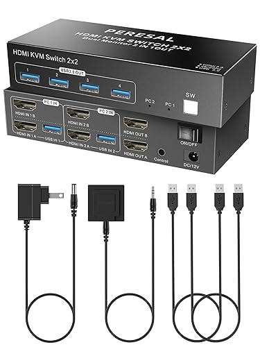 PERESAL Dual Monitor HDMI KVM Switch, 2 Computers 4K60Hz Dual Monitor KVM Switches for PC or Laptops,4 USB 3.0 Ports Support Extended/Copy Mode