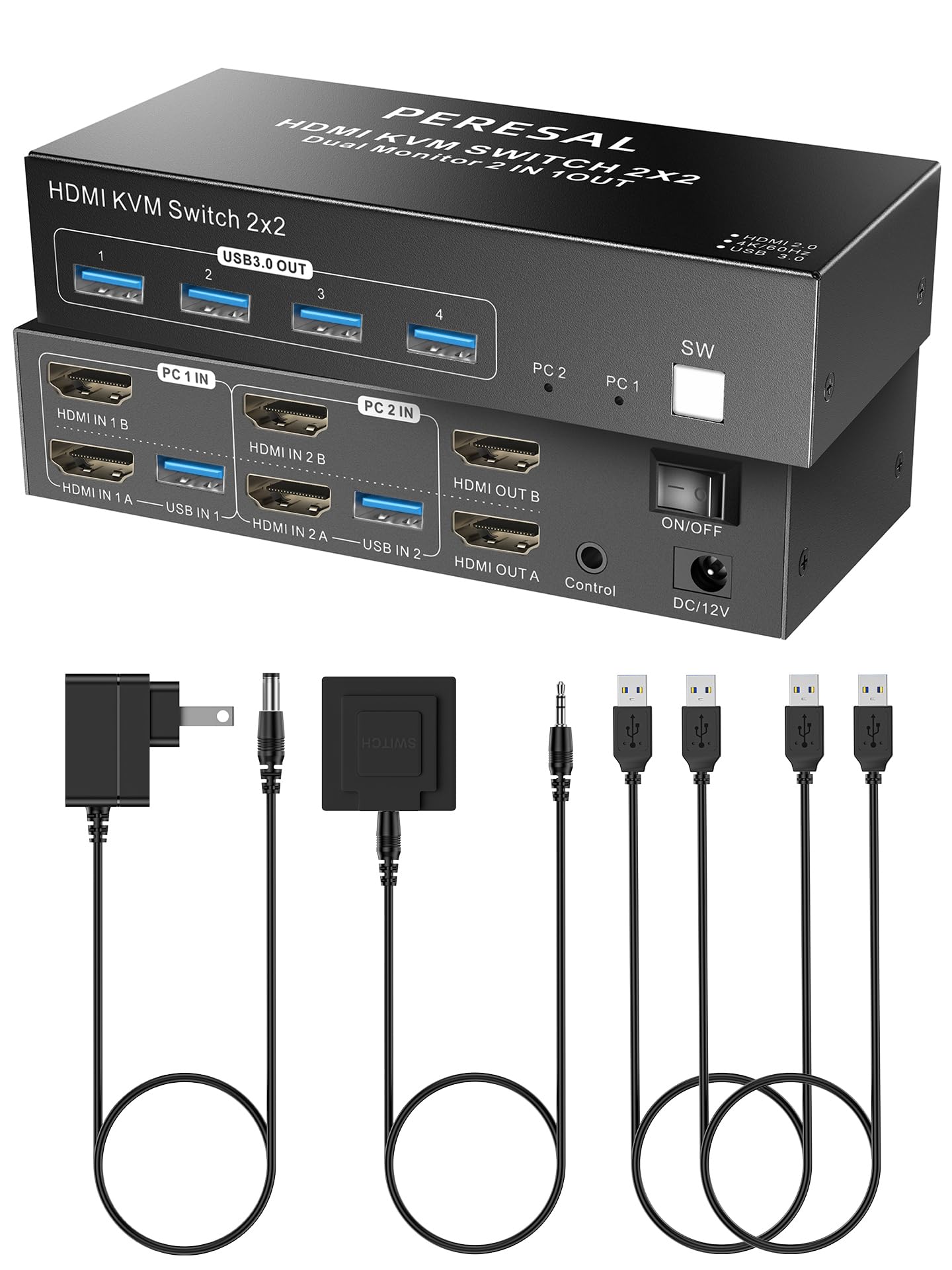PERESAL Dual Monitor HDMI KVM Switch, 2 Computers 4K60Hz Dual Monitor KVM Switches for PC or Laptops,4 USB 3.0 Ports Support Extended/Copy Mode