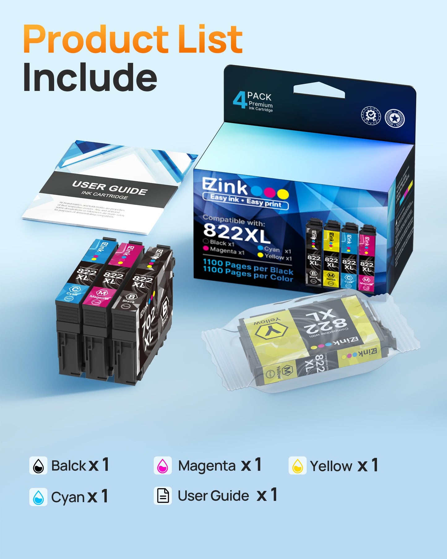 E-Z Ink Remanufactured Replacement for Epson 822XL Ink Cartridges Combo Pack 822 822 XL Ink for for Workforce Pro Copier/Scanner Printer Print scan