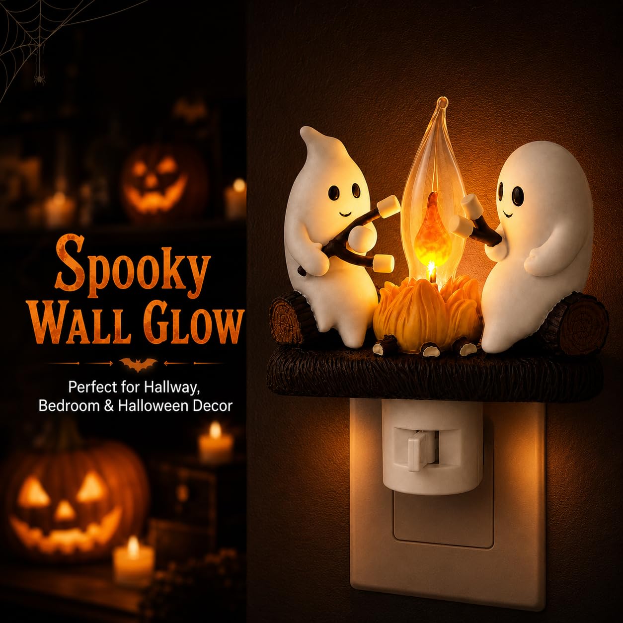 MXXT Ghost Campfire Night Light, Plug-in Wall Flickering Flame Nightlight, Halloween 3D Cute Spooky Marshmallow Ghost Decoration for Bedroom, Spooky