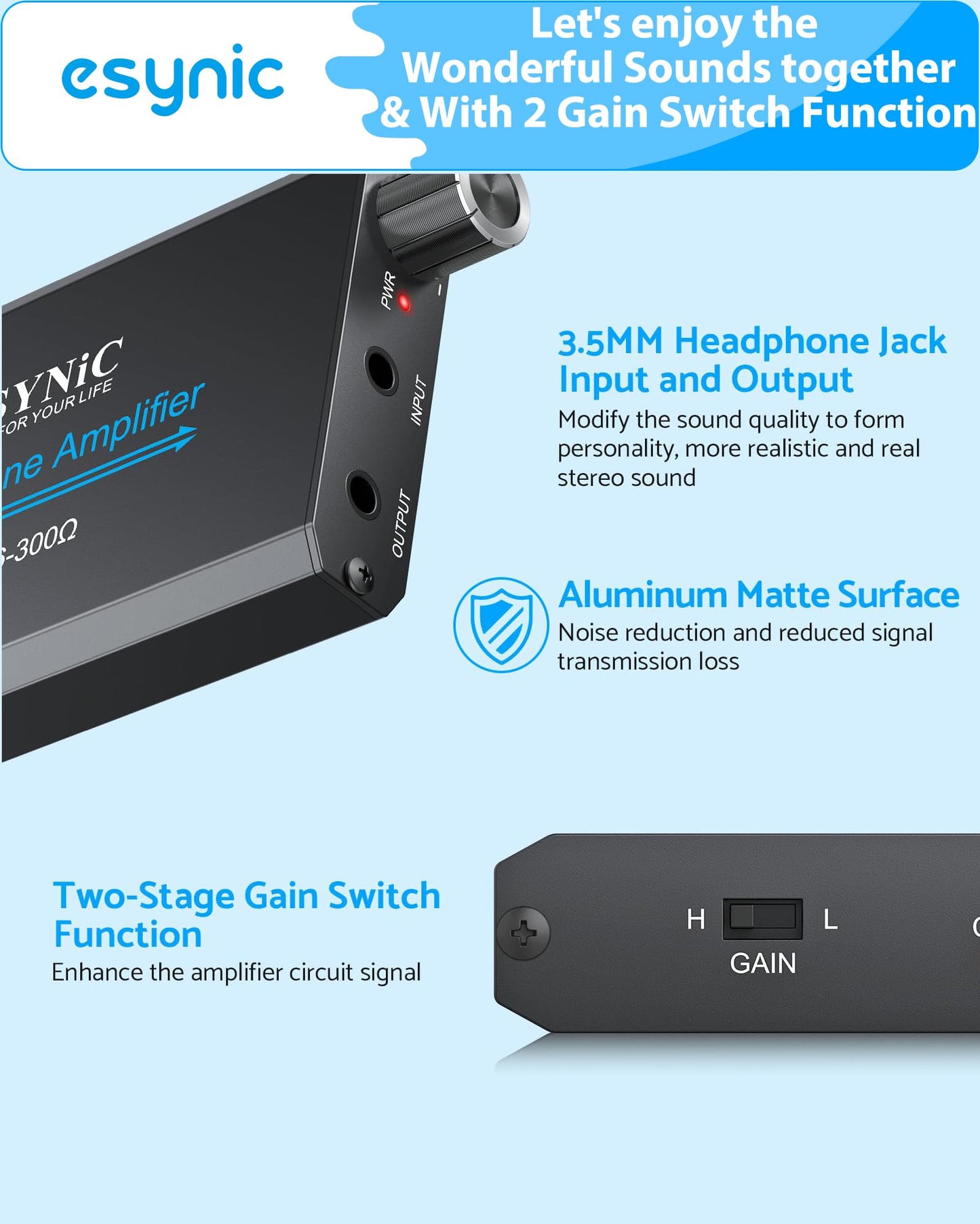 eSynic Portable Headphone Amp for High Impedance (16-300?)-1000mAh Battery Rechargeable HiFi Earphone Amplifier with 3.5mm AUX-2 Gain Levels- for Old