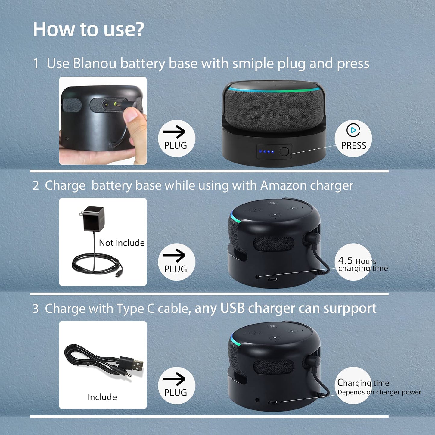 Blanou Echo Dot 3 Battery Base(Not Including dot 3 Speaker), Portable Dot 3rd Gen &Mini 2 Battery Base, 5200 mAh 8 Hours Work Time, Black