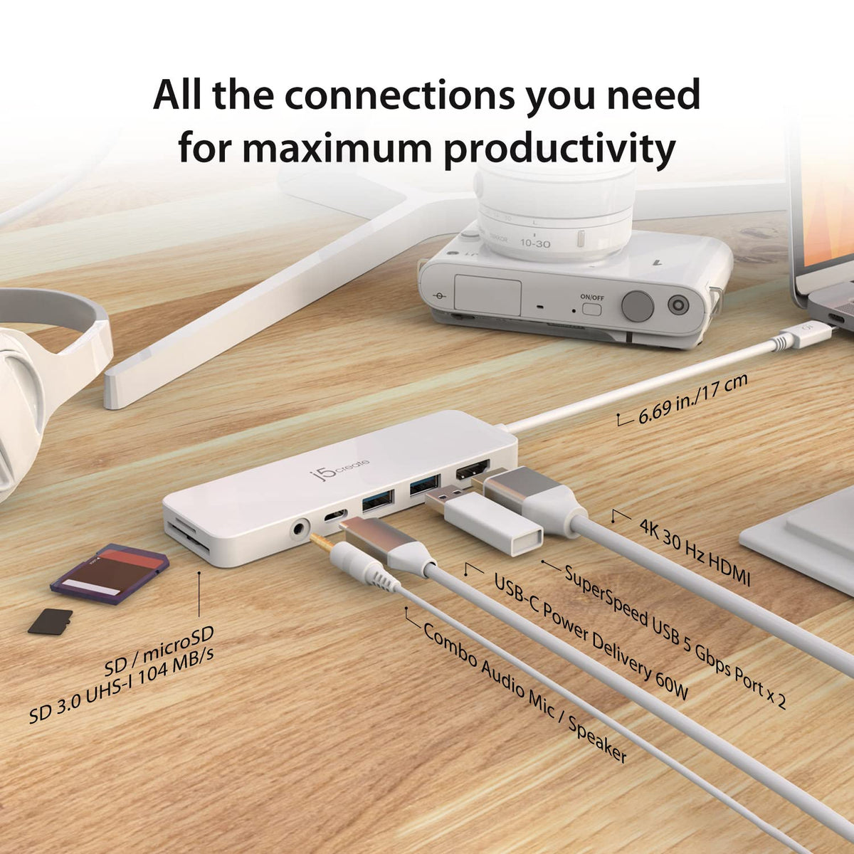 j5create USB-C Mini Hub - 4K HDMI, 2 x USB 3.1 5Gbps, microSD & SD Card