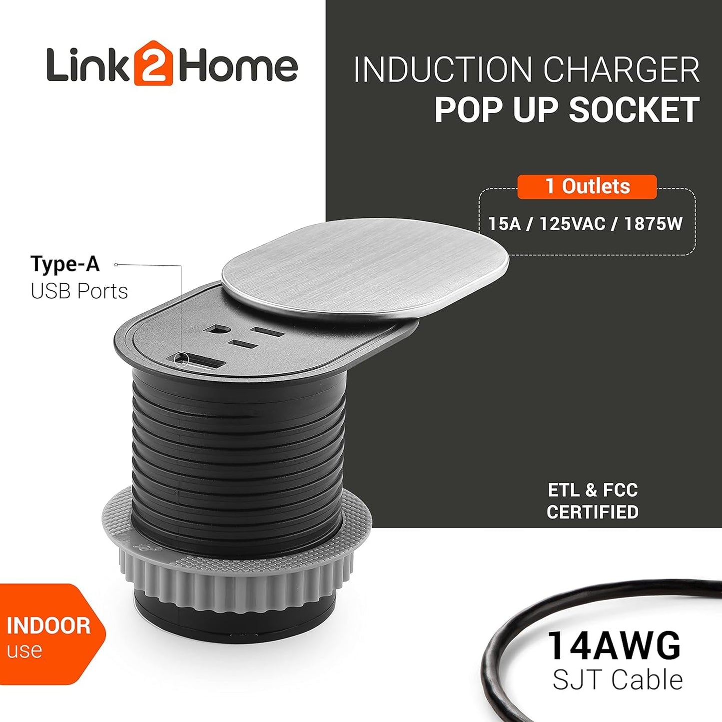 Link2Home 2 Pack Space Saver Grommet Socket with USB, 1 Power Outlet 15A, 1 USB Port 2.4A Fast Charge, Splash Resistant, and Stainless-Steel Finish