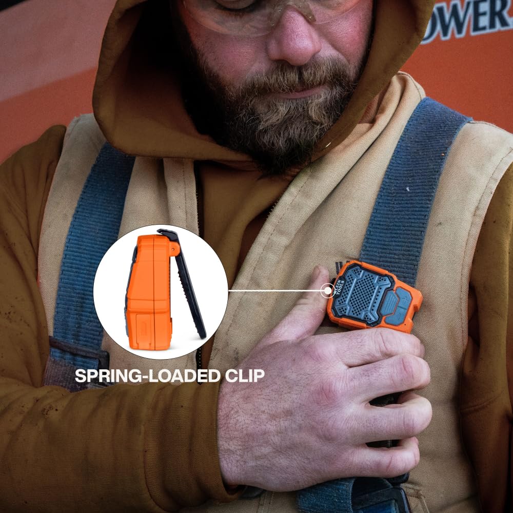 KLEIN TOOLS AEPWS1 Wearable Bluetooth Speaker, Built-in Mic for Hands-Free Music and Calls, Portable, Waterproof IP67, Magnetic and Clip-On Jobsite