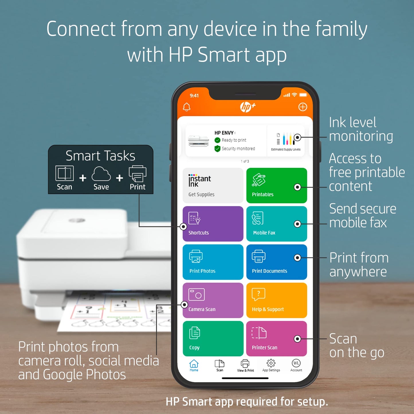 HP ENVY 6455e Wireless Color Inkjet Printer, Print, scan, copy, Easy setup, Mobile printing, Best-for-home, 3 month Instant Ink trial included, white