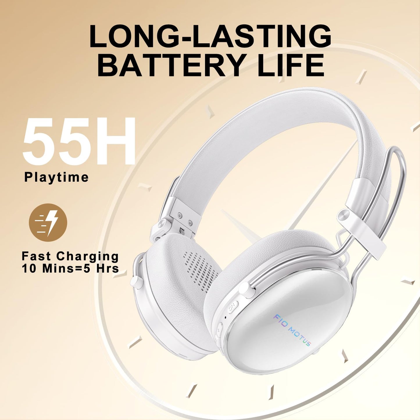 FIO MOTUS Wireless Bluetooth On-Ear Headphones, Active Noise Cancelling, Hi-Res Sound, 55H Playtime, Foldable Design, Lightweight and Comfortable