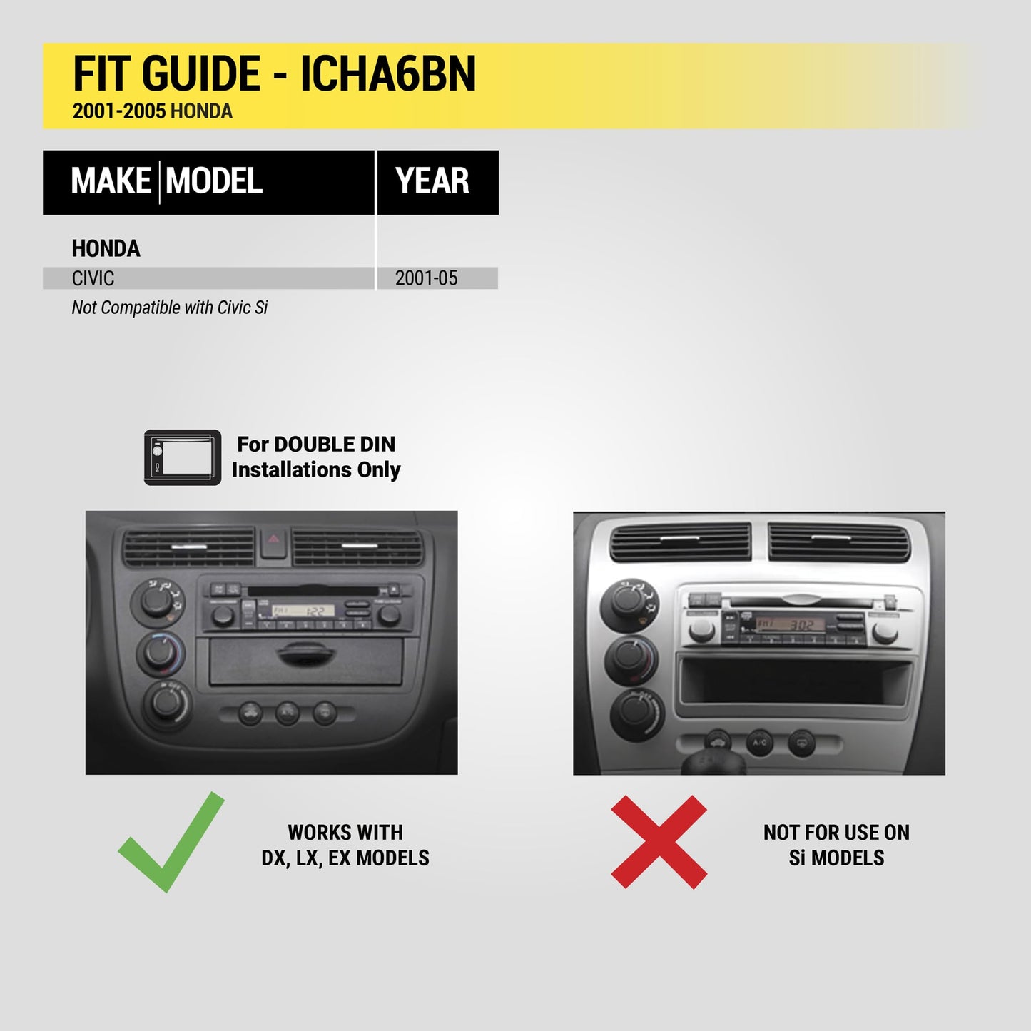 Scosche ICHA6BN Double DIN Radio Install Dash Kit Compatible with Select 2001-05 Honda Civic - Factory Radio Brackets Required - Complete Basic Car