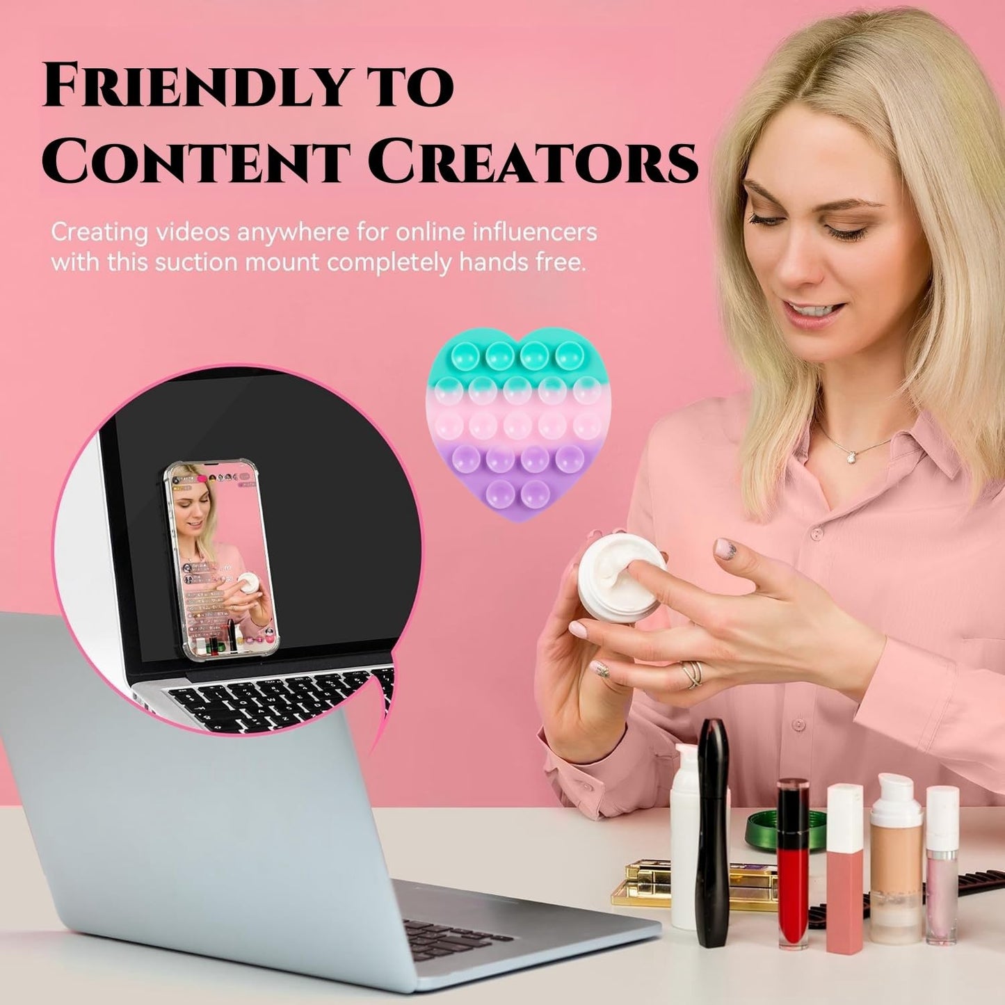 CIEO Silicone phone grip, strong suction, Heart-shaped phone holder,suitable for selfies and videos on mirrors, bathrooms and smooth surfaces