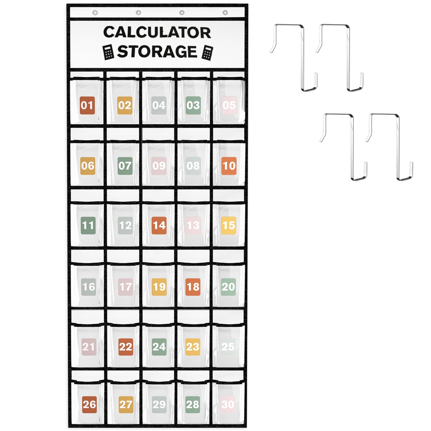 30-Pocket Calculator Holder for Classroom, Hanging Calculator Pocket Chart with Clear PVC Pockets & Numbered Stickers, Calculator Storage Organizer