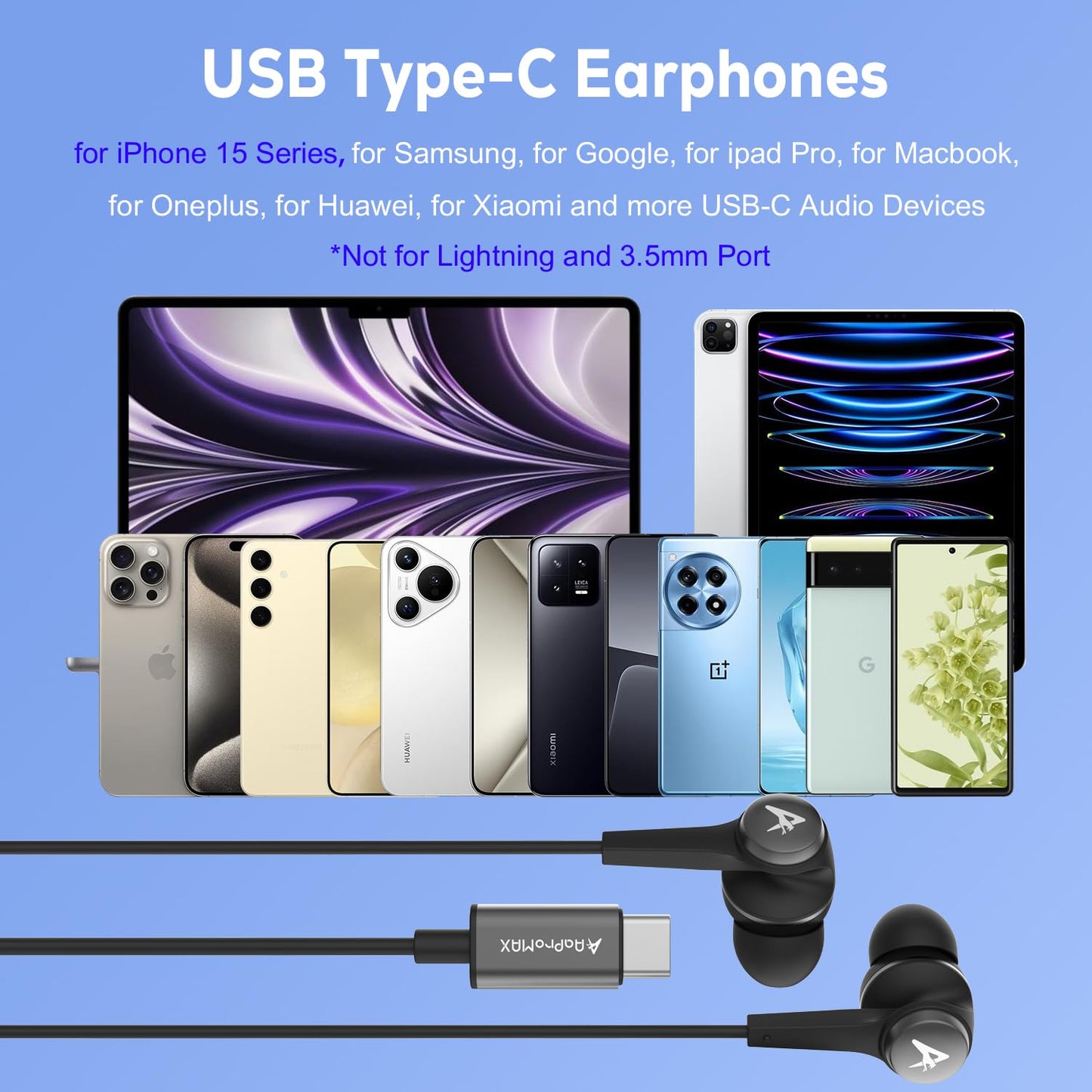 USB C Headphones Earbuds for iPhone 16 Pro Max/15/iPad, Wired Type C Earphones with Microphone for Android Samsung Galaxy S24 S23 S22 S21 Note 20 10