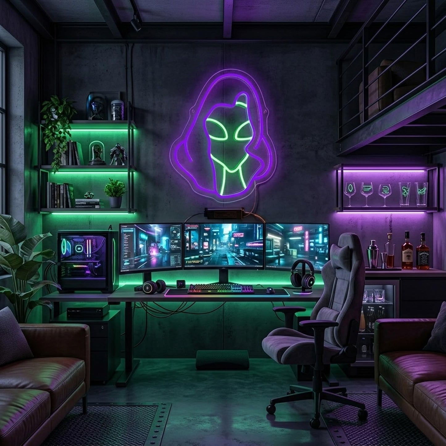 Alien Reaper Neon Sign - 12" x 9.5" Purple & Green LED Neon Light with Dimmer, Premium 5.5mm Thickened Acrylic Base, Cool Cyberpunk Wall Decor