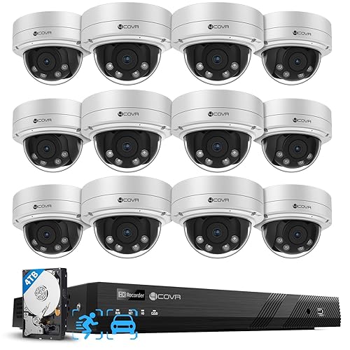 4COVR 16 Channel Security Camera System PoE, 12Pcs IK10 Vandal-Proof 5MP 2.8-12mm Dome IP Camera for Business, IP67 Human/Vehicle Detection, 16CH