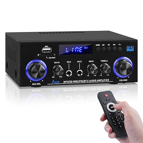 AK50 Amplifier Home Audio, 400W Home 2 Channel Bluetooth 5.0 Power Receivers Amp Subwoofer Output,Mini Speaker FM Radio,USB/SD Card/Aux/Mic in