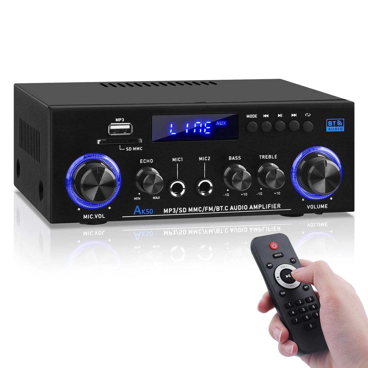 AK50 Amplifier Home Audio, 400W Home 2 Channel Bluetooth 5.0 Power Receivers Amp Subwoofer Output,Mini Speaker FM Radio,USB/SD Card/Aux/Mic in