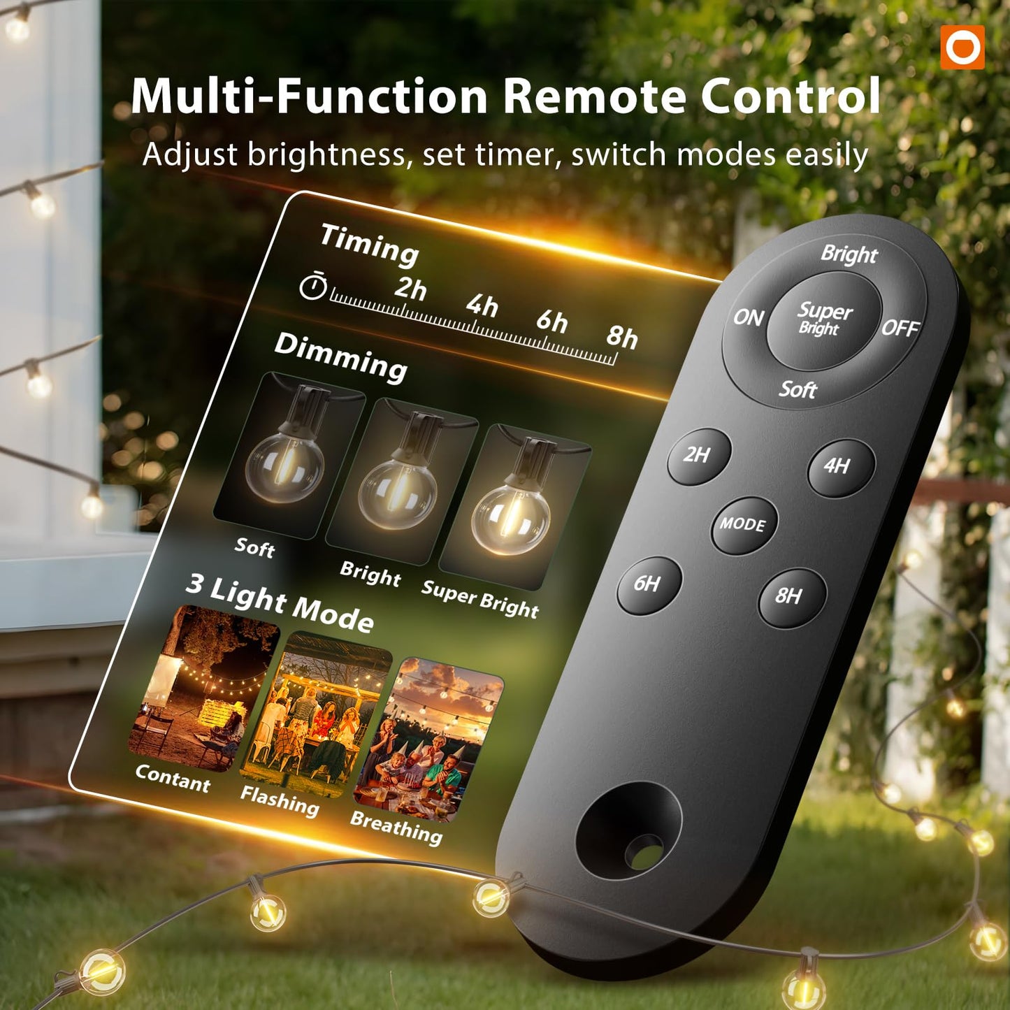 addlon 100FT Solar String Lights Outdoor with Remote, 54 LED Shatterproof Bulbs, USB Charging, 20+ Hour Runtime, Dimmable & Timable, G40 Waterproof