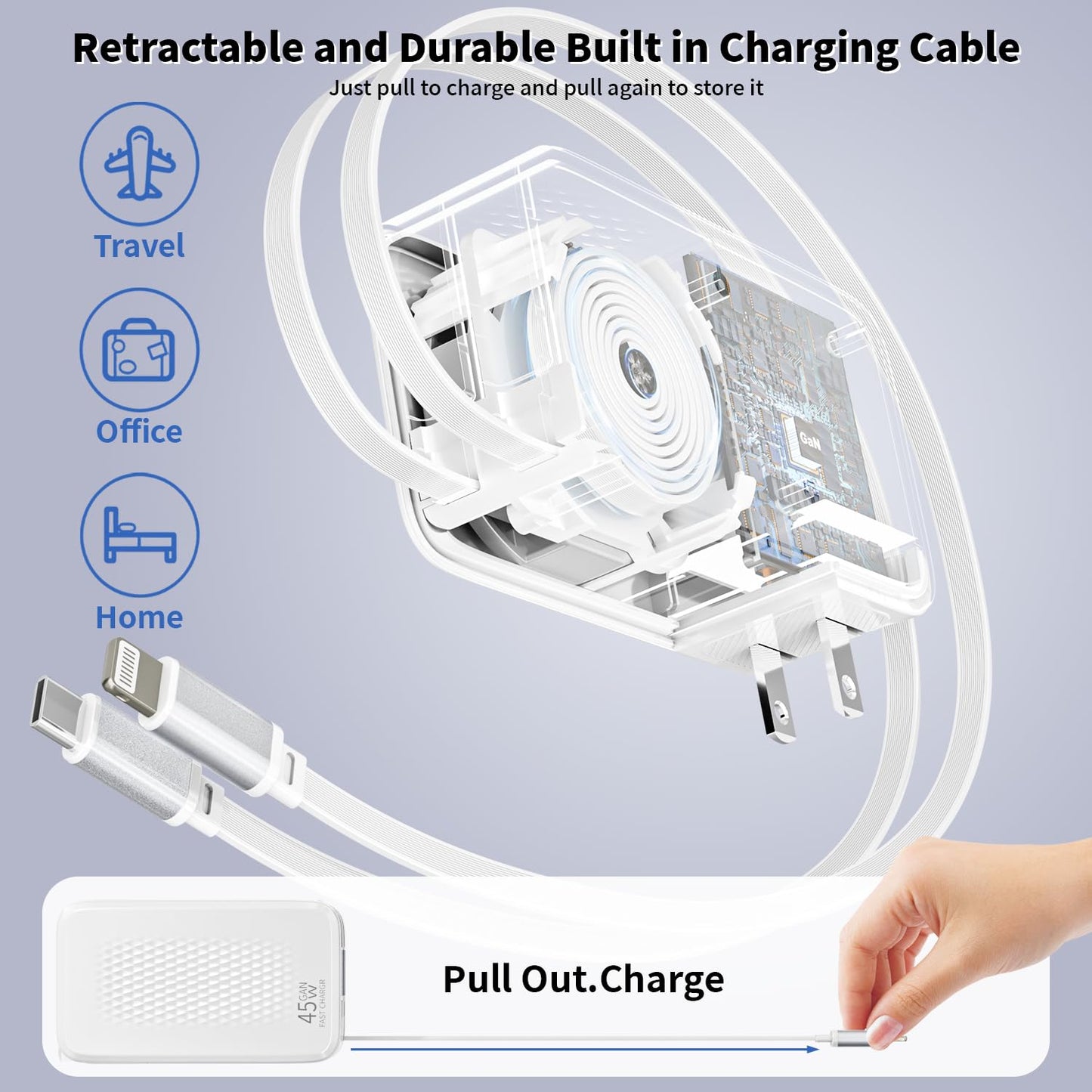 Retractable Wall Charger with Dual Cables,4-in-1 45W Retractable Phone Charger with Dual Port(USB C+USB A) 3.3FT USB C & Lightning Cable Foldable