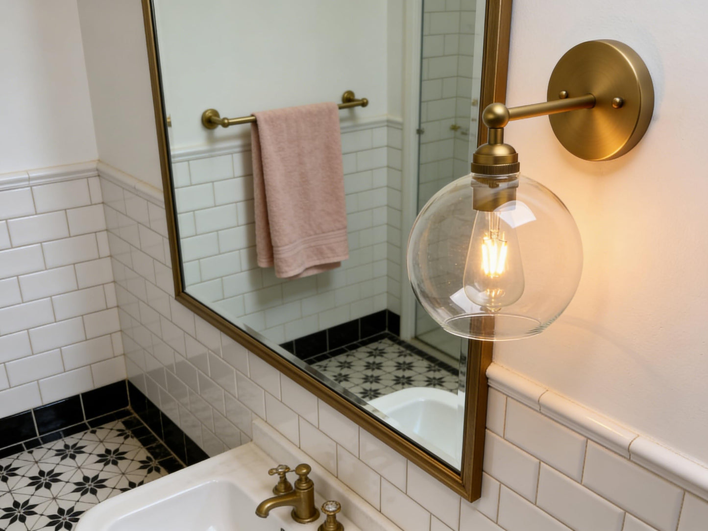 Yosoan Brass Boho Vanity Vintage Gold Bathroom Wall Sconce, Indoor Hardwired Wall Mounted Industrial Fixture Lights with Double Hole Round Glass Lamp