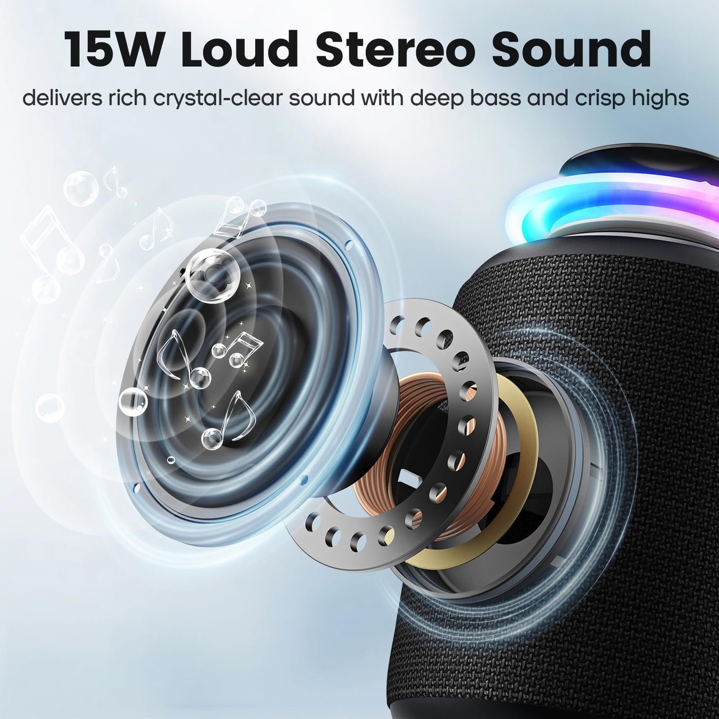 Bluetooth Speaker Wireless,IP67 Waterproof & Dustproof Portable Speaker with Lights,15W Loud Stereo Sound, 2500mAh Battery All Day Playtime, TWS